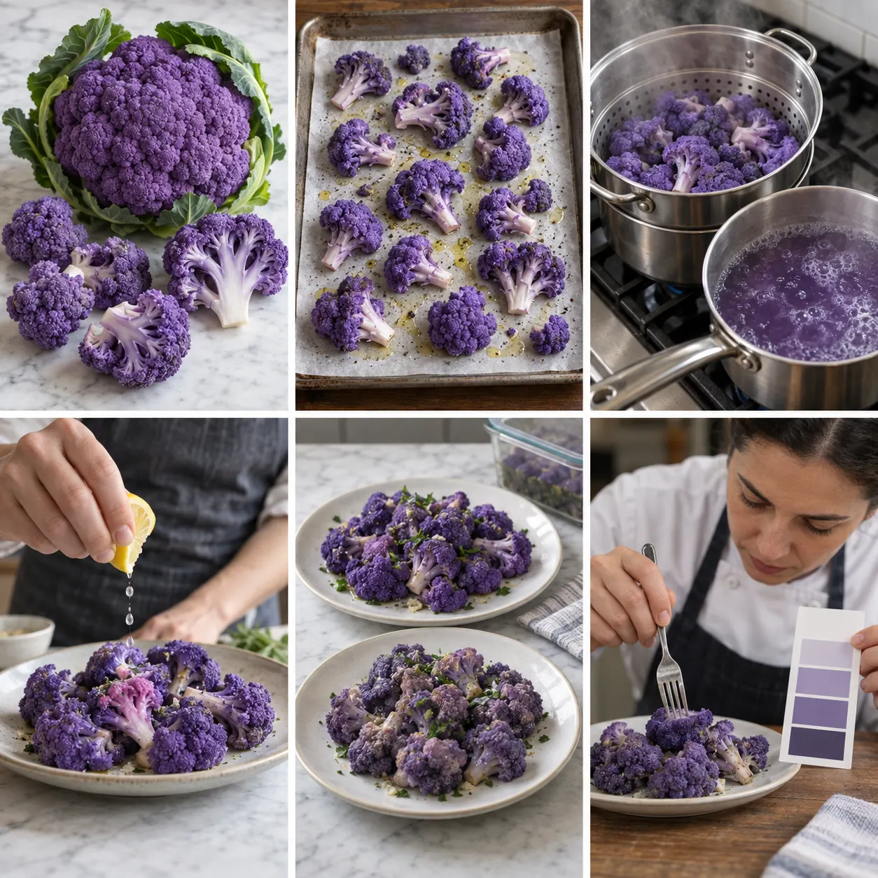 Purple cauliflower shown through six cooking and color checks